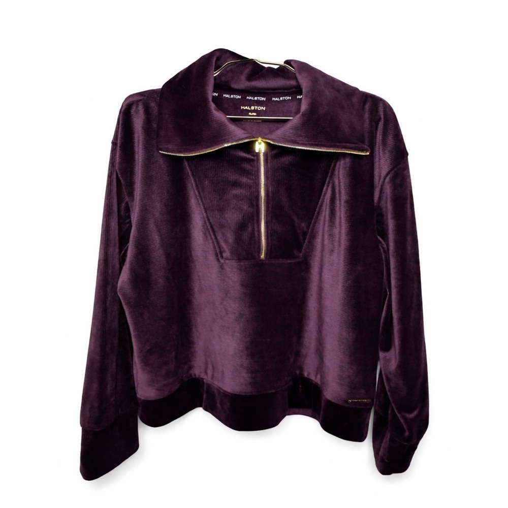 Halston Velour Lounge Set XL Purple 2pc Tracksuit Gold Zip Soft Cozy Womens - Picture 2 of 13